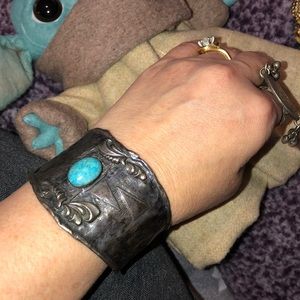 Vintage sterling Greek turquoise bracelet cuff